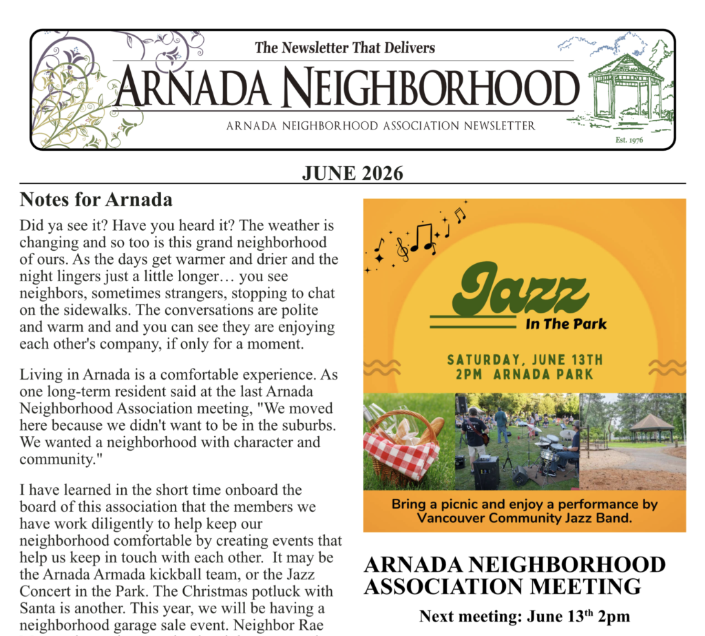 June 2026 Arnada Neighborhood Association newsletter cover (PDF)