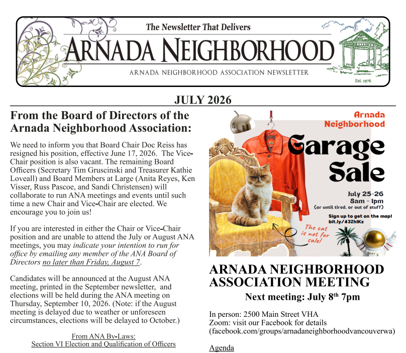 July 2026 Arnada Neighborhood Association newsletter cover (PDF)