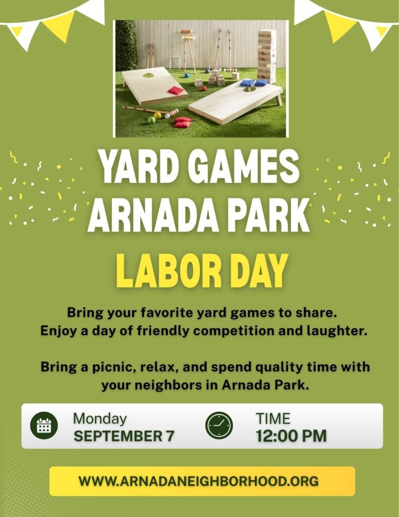 Flyer for a Yard Games event at Arnada Park on Monday September 27 12pm